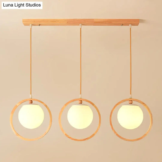 Nordic Style Opaline Glass Ball Pendant Light With Wooden Ring In Beige 3 / Wood