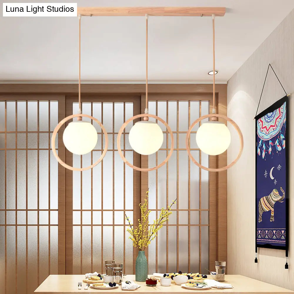 Opaline Glass Cluster Pendant With Nordic Style: Beige Hanging Light Fixture And Wooden Ring