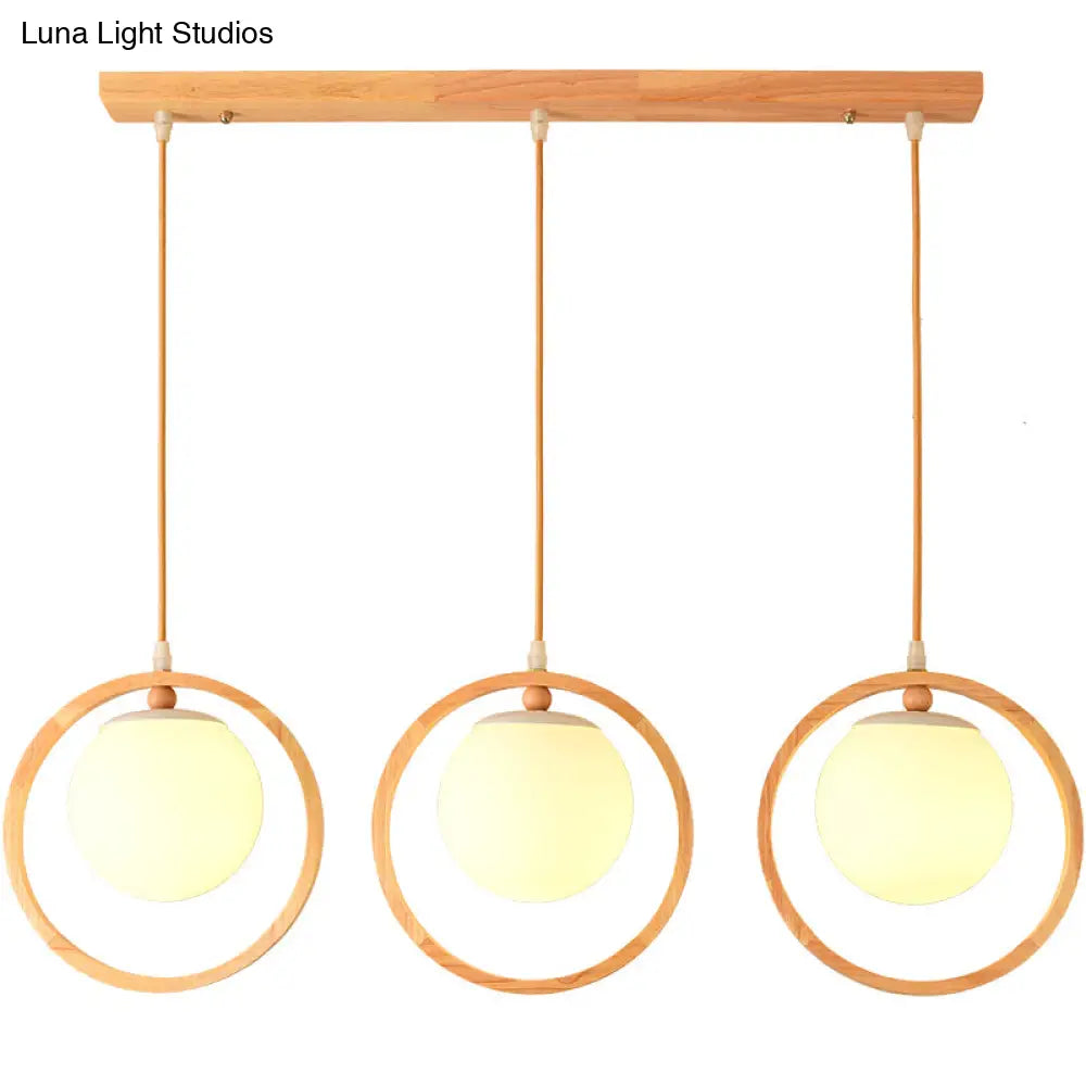 Opaline Glass Cluster Pendant With Nordic Style: Beige Hanging Light Fixture And Wooden Ring