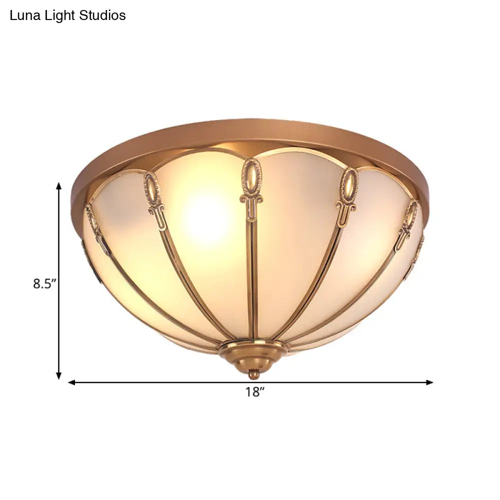 Opaline Glass Colonial Ceiling Mounted Fixture For Bedroom - Flush Mount Lamp In Brass With 3/4