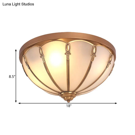 Opaline Glass Colonial Ceiling Mounted Fixture For Bedroom - Flush Mount Lamp In Brass With 3/4