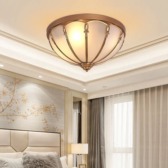 Opaline Glass Colonial Ceiling Mounted Fixture For Bedroom - Flush Mount Lamp In Brass With 3/4