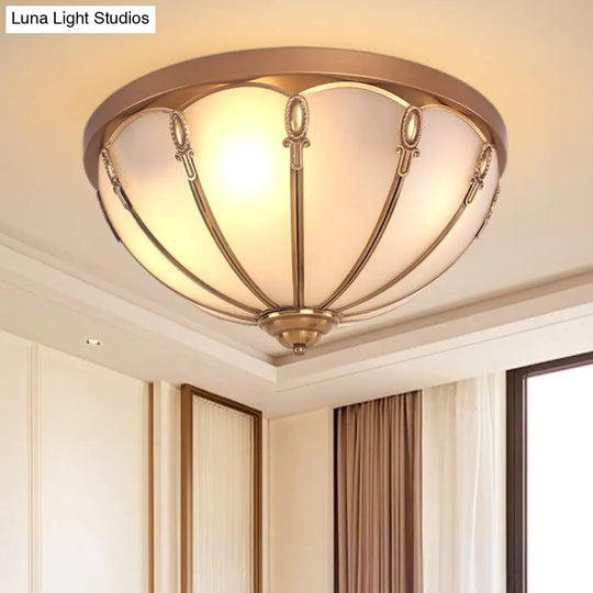 Opaline Glass Colonial Ceiling Mounted Fixture For Bedroom - Flush Mount Lamp In Brass With 3/4