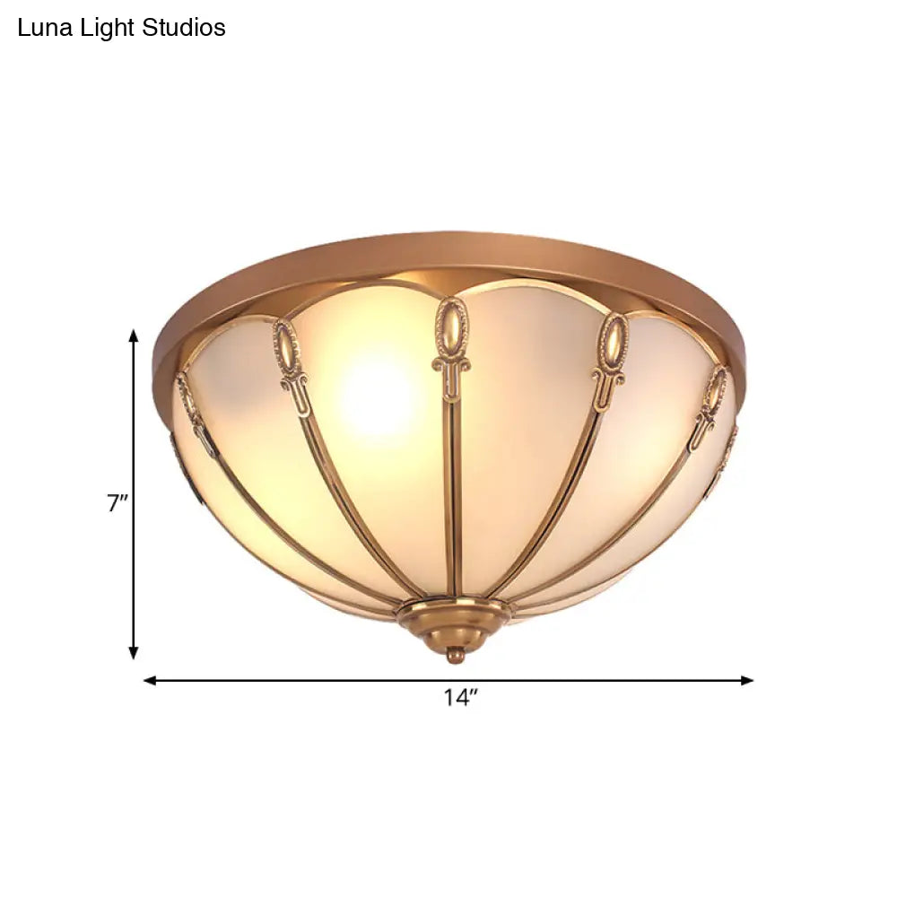 Opaline Glass Colonial Ceiling Mounted Fixture For Bedroom - Flush Mount Lamp In Brass With 3/4