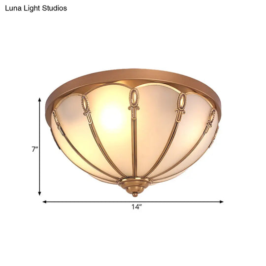 Opaline Glass Colonial Ceiling Mounted Fixture For Bedroom - Flush Mount Lamp In Brass With 3/4