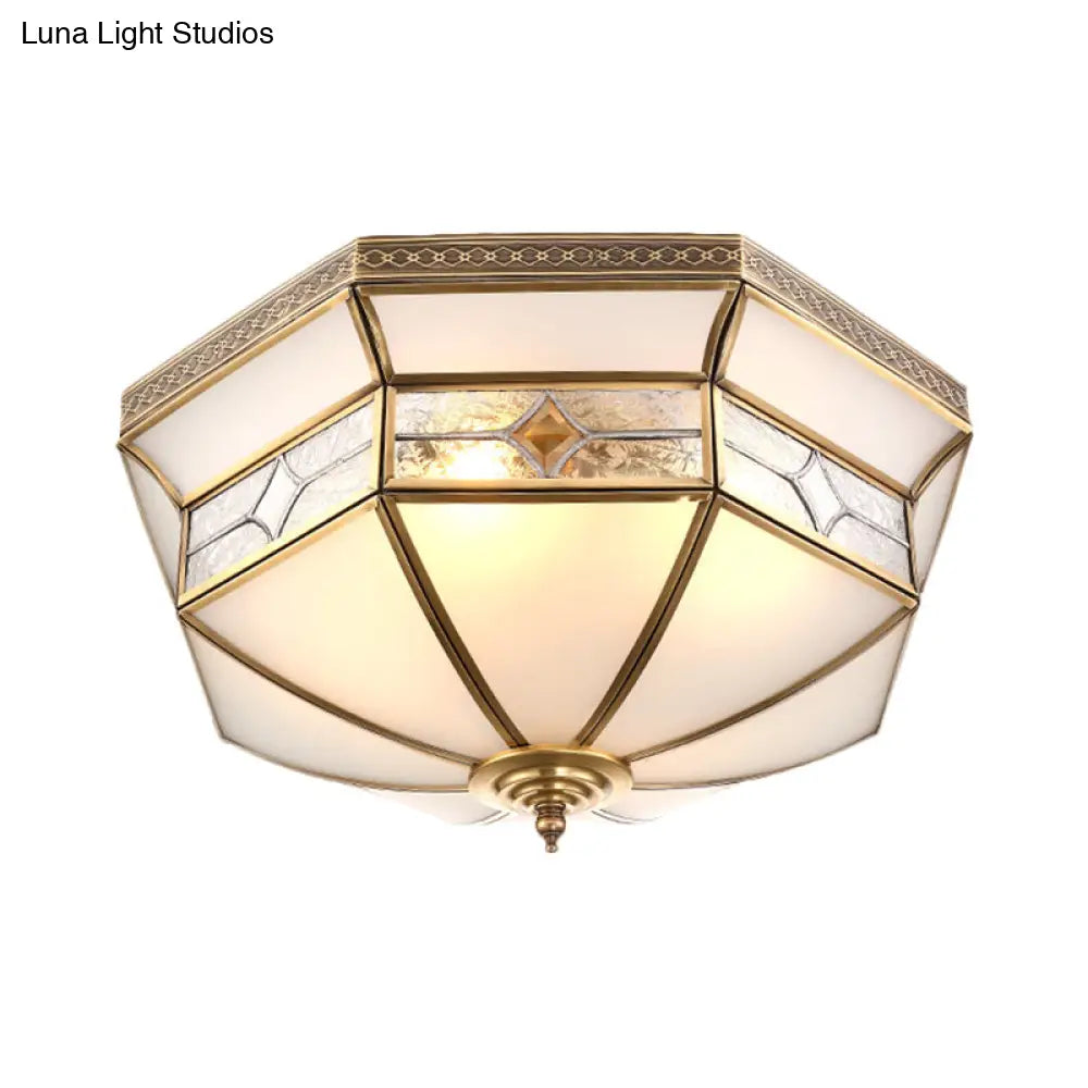 Opaline Glass Dome Ceiling Flush Light With Brass Finish - 3/4-Light 14/18 Warehouse Style