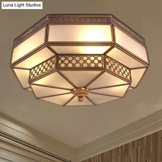 Opaline Glass Octagon Bedroom Flush Mount Light With Colonial Brass Finish - 4 Bulbs Close To
