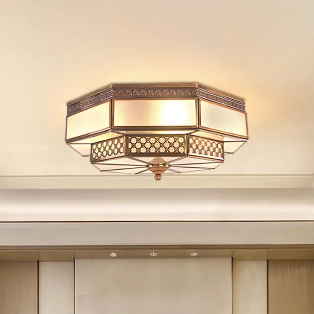 Opaline Glass Octagon Bedroom Flush Mount Light With Colonial Brass Finish - 4 Bulbs Close To
