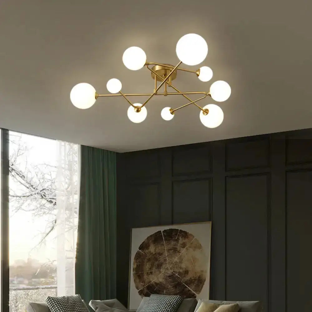 Opaline Glass Semi-Mount Ceiling Lamp In Gold For Living Room 9 /