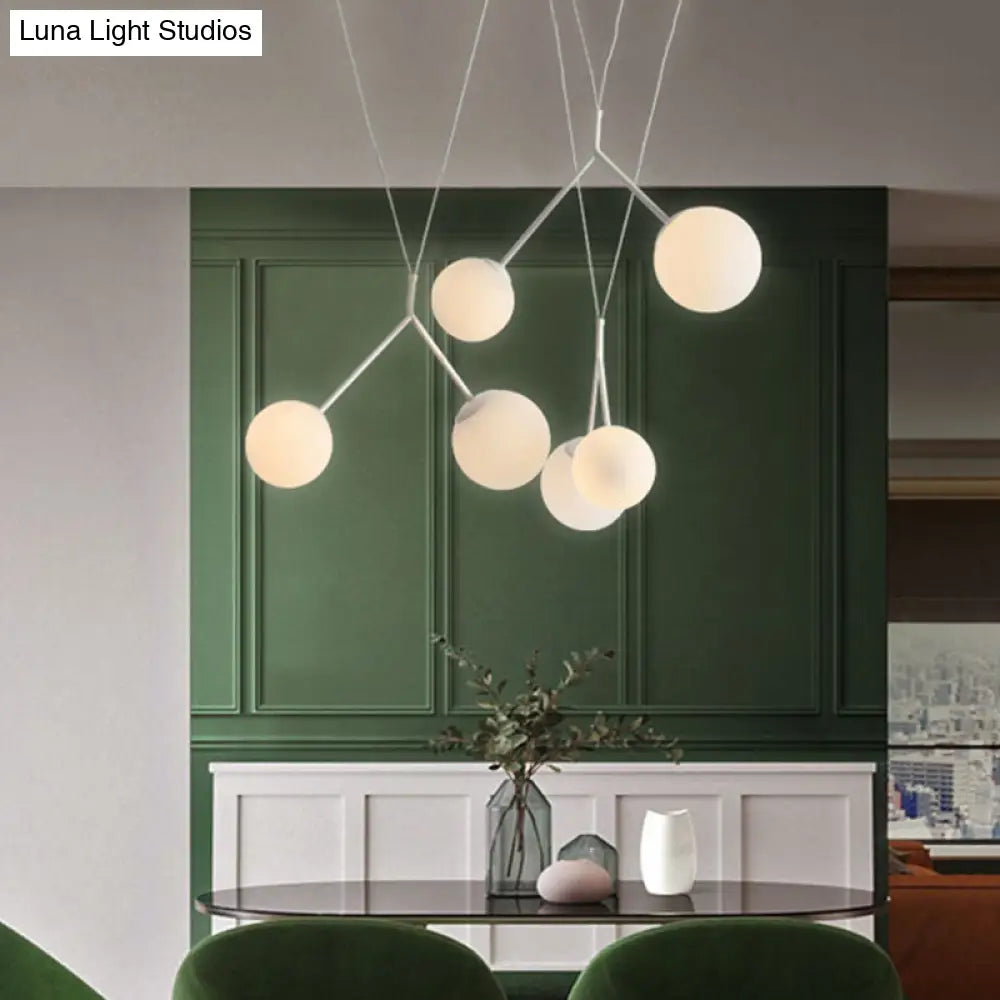 6-Light Modern Opaline Glass Hanging Light With Orb Shade - White Matte Finish