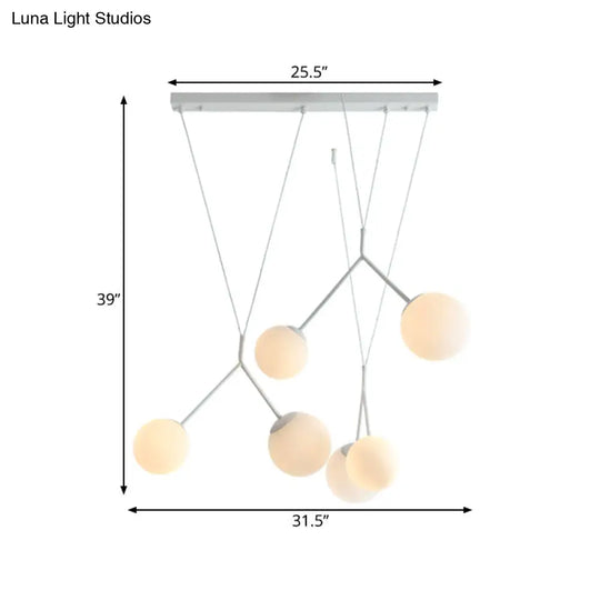 6-Light Modern Opaline Glass Hanging Light With Orb Shade - White Matte Finish