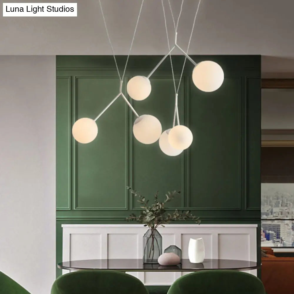 Opaline Matte Glass Multi-Pendant Hanging Light - Modern 6 Lights White Intertwined Design With Orb