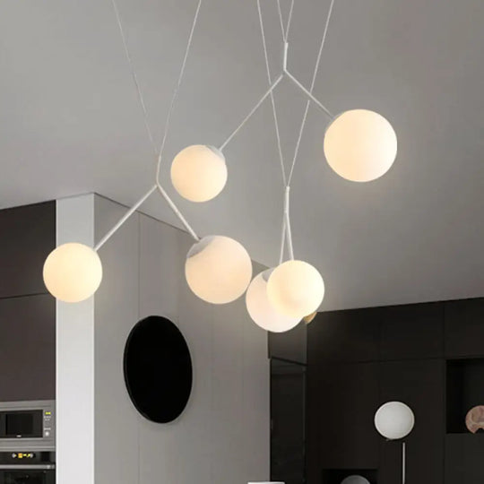 Opaline Matte Glass Multi-Pendant Hanging Light - Modern 6 Lights White Intertwined Design With Orb