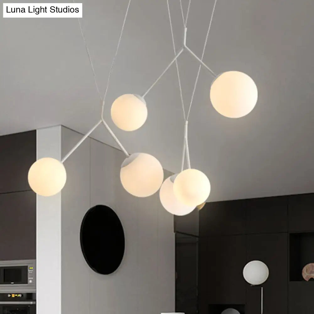 6-Light Modern Opaline Glass Hanging Light With Orb Shade - White Matte Finish