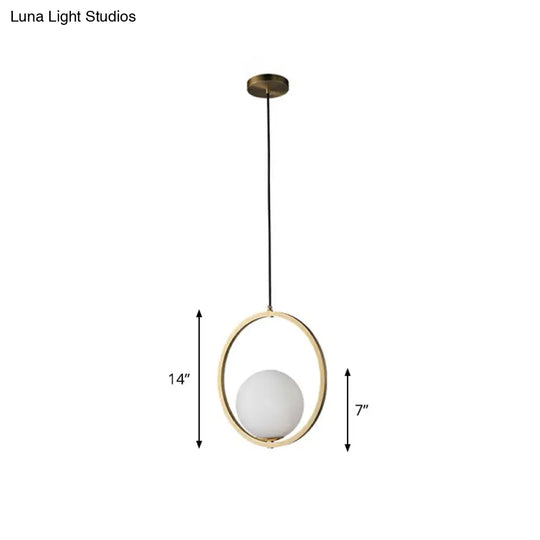 Opaque Glass Ball Ceiling Suspension Brass Drop Pendant With Metal Ring Lighting