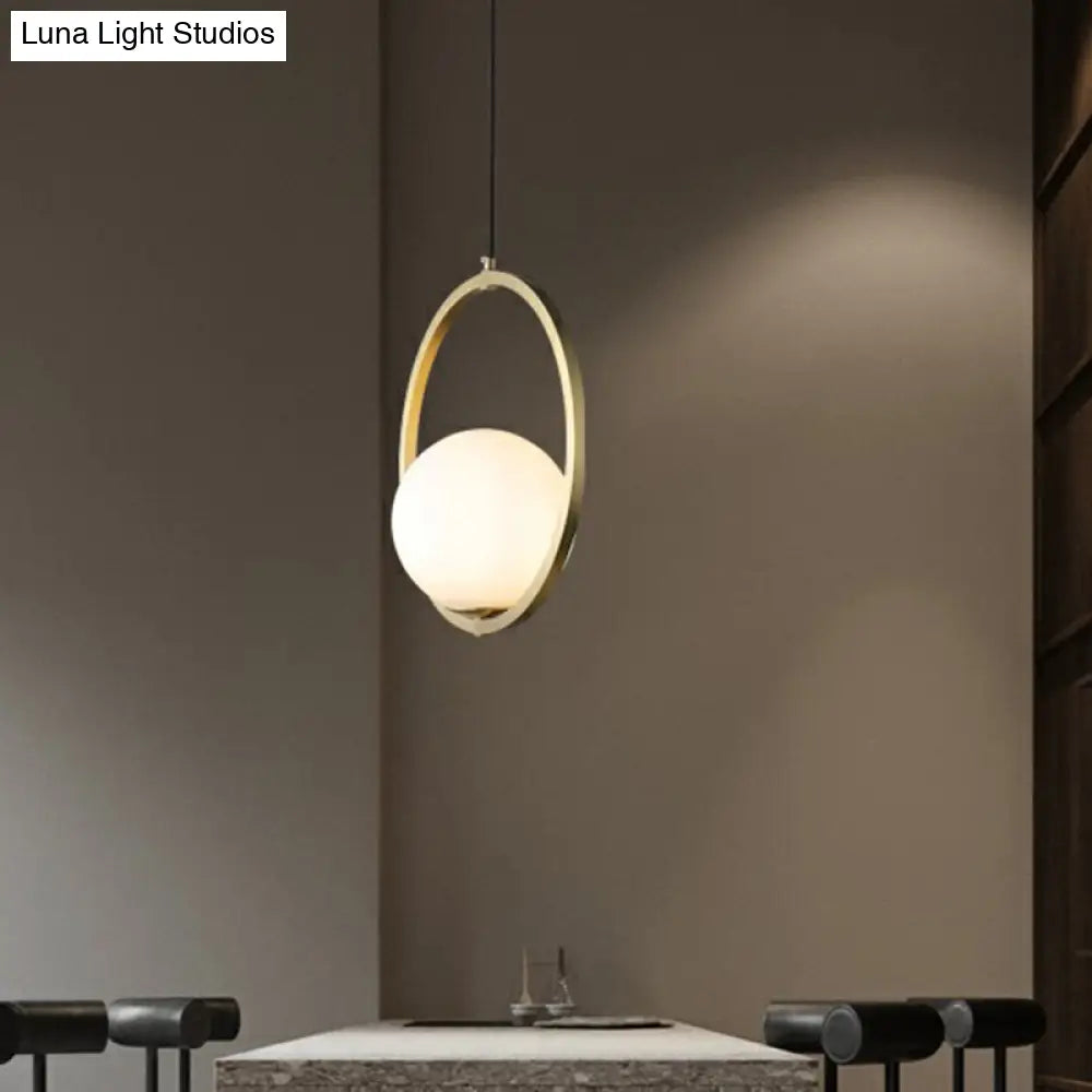 Opaque Glass Ball Ceiling Suspension Brass Drop Pendant With Metal Ring Lighting