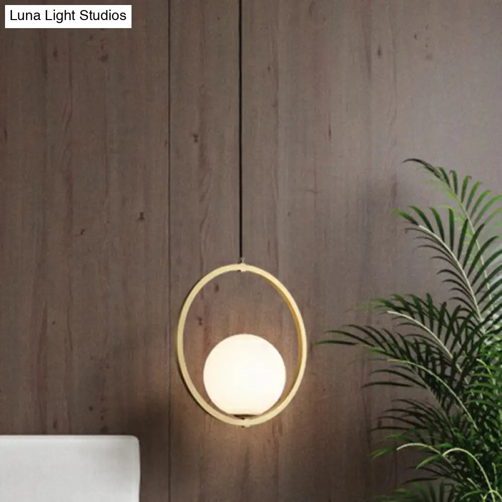 Opaque Glass Ball Ceiling Suspension Brass Drop Pendant With Metal Ring Lighting