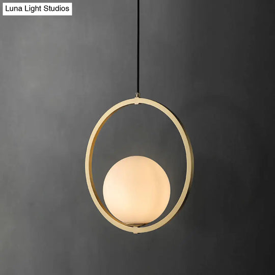 Opaque Glass Ball Ceiling Suspension Brass Drop Pendant With Metal Ring Lighting