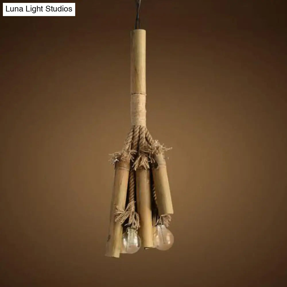 Open Bulb Chandelier Light For Restaurants - Bamboo Lodge Style Hanging Lamp With 3 Lights