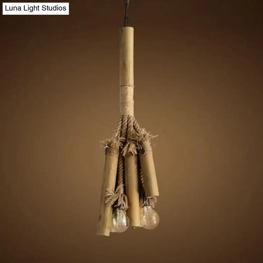 Open Bulb Chandelier Light For Restaurants - Bamboo Lodge Style Hanging Lamp With 3 Lights