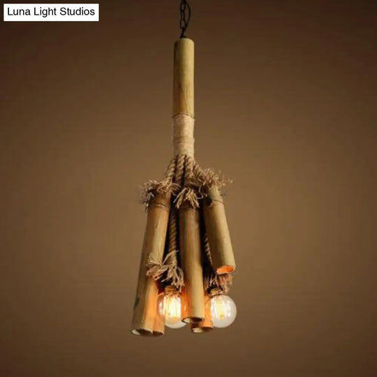 Bamboo Lodge Style Chandelier Light - 3 Lights Open Bulb Hanging Lamp For Restaurants Beige