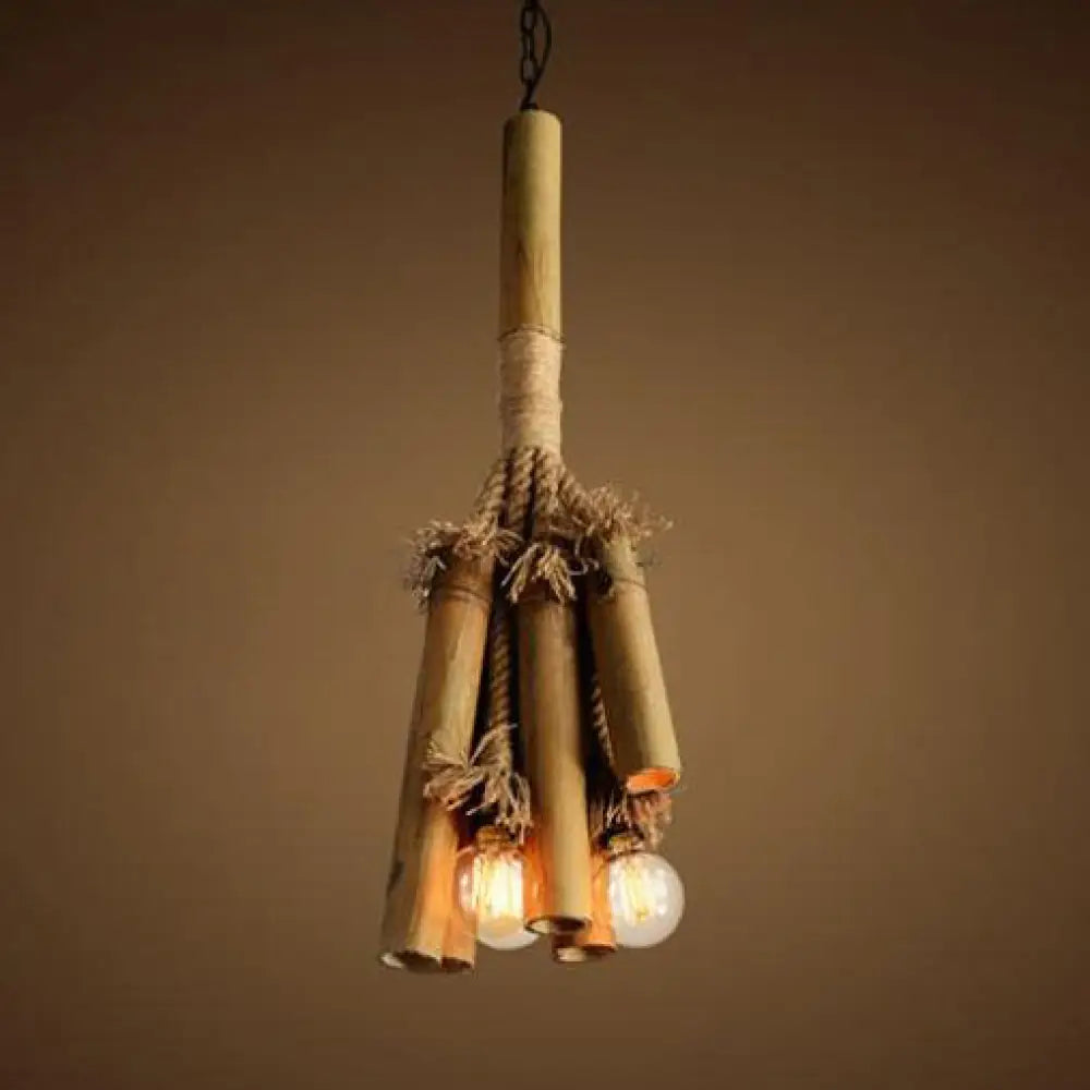 Open Bulb Chandelier Light For Restaurants - Bamboo Lodge Style Hanging Lamp With 3 Lights Beige