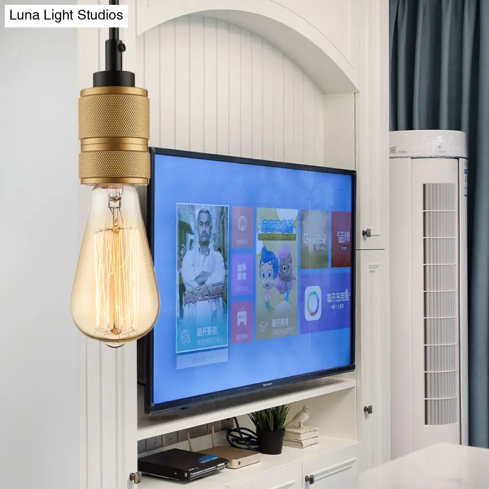 Retro Industrial Open Bulb Pendant Light - Iron Hanging Fixture In Gold Adjustable Cord
