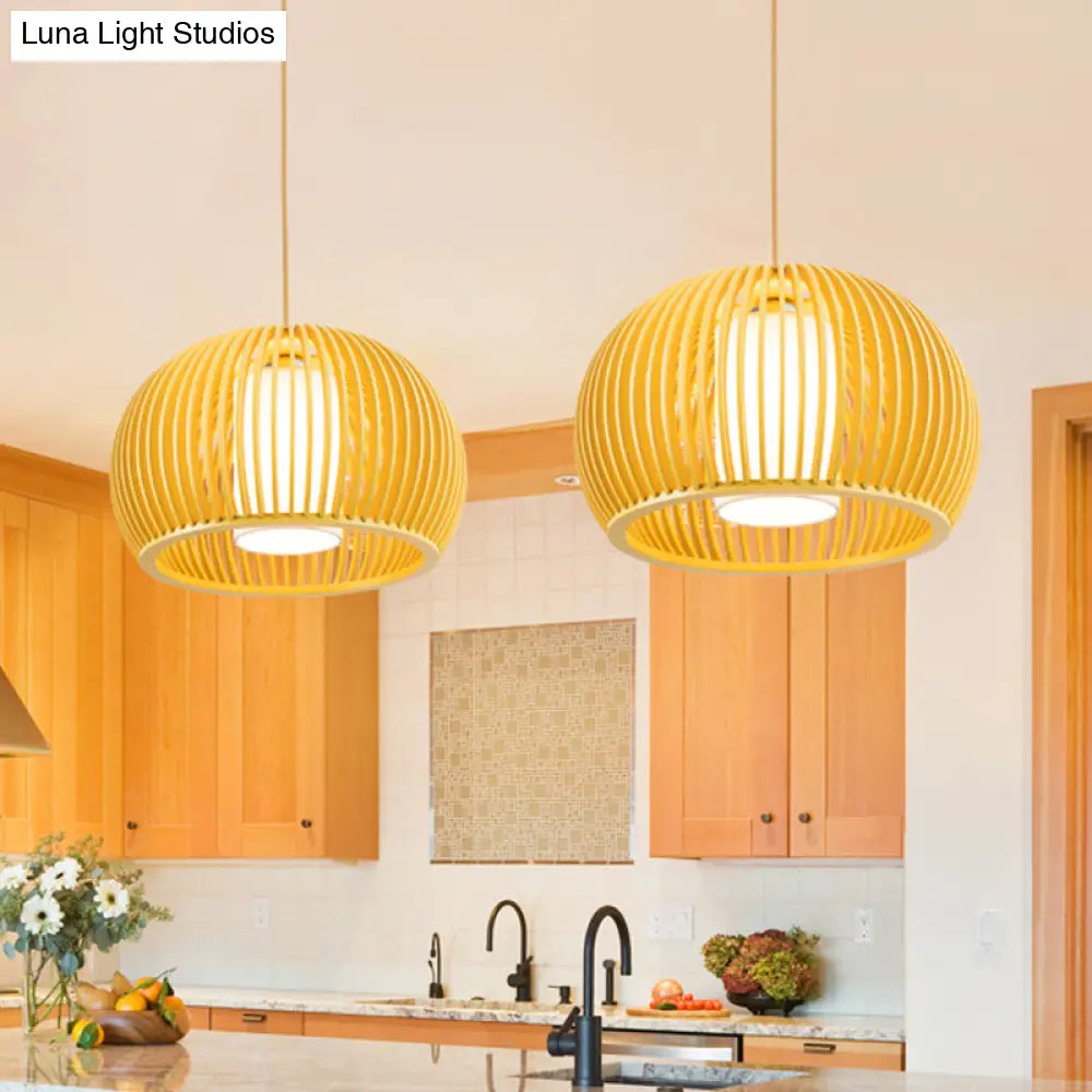 Open Kitchen Suspension Light - Asia Beige Pendant Lamp With Dome Wood Cage 14/18 Inch Wide