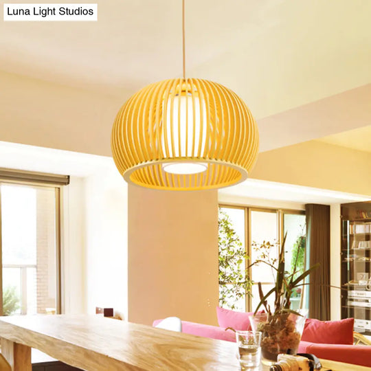 Open Kitchen Suspension Light - Asia Beige Pendant Lamp With Dome Wood Cage 14/18 Inch Wide