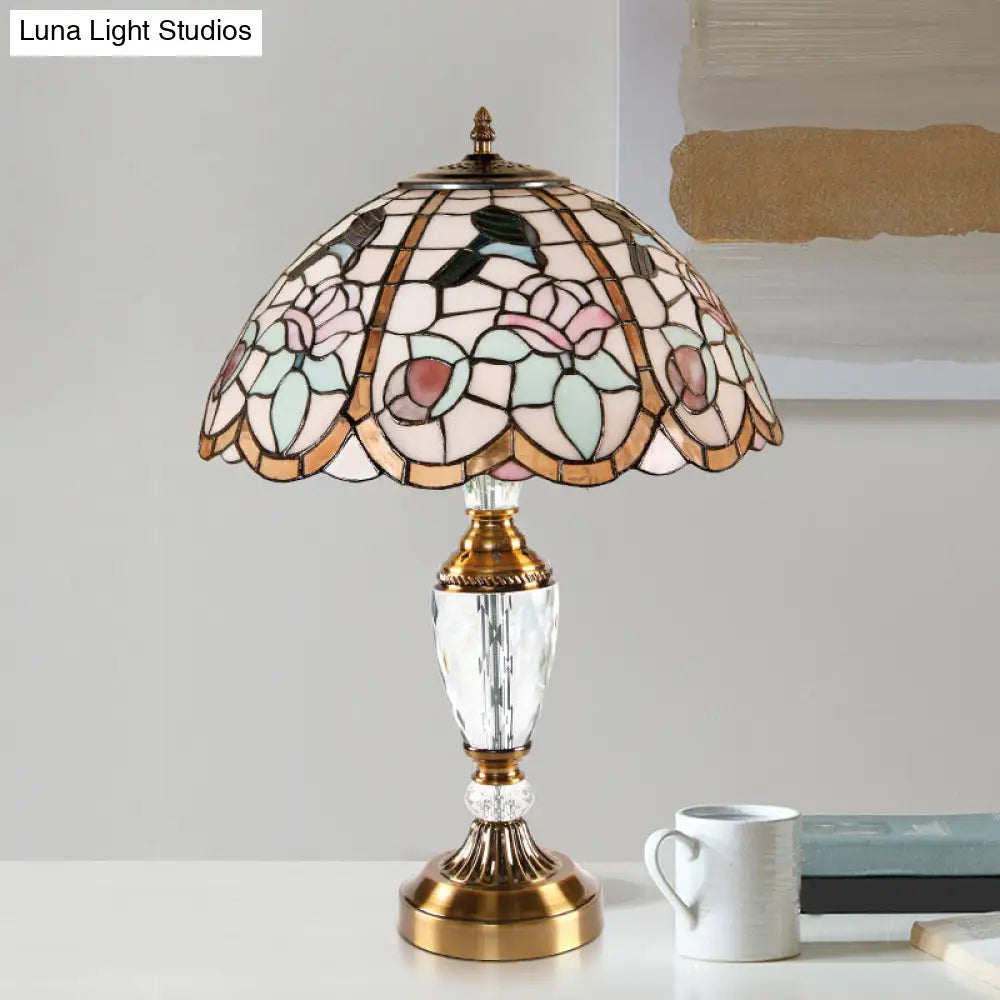 Rose Pattern Tiffany Stained Glass Nightstand Lamp In White - Domed Table Light With 1 Head