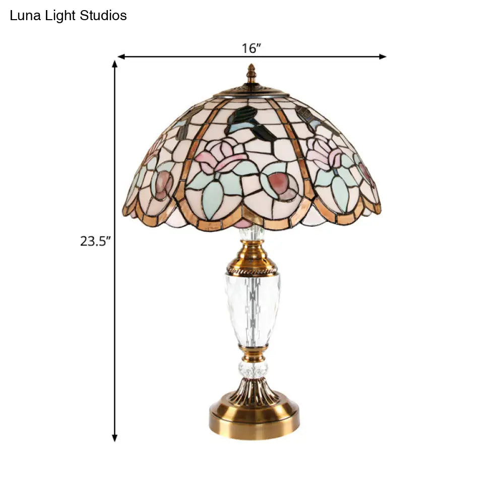 Rose Pattern Tiffany Stained Glass Nightstand Lamp In White - Domed Table Light With 1 Head