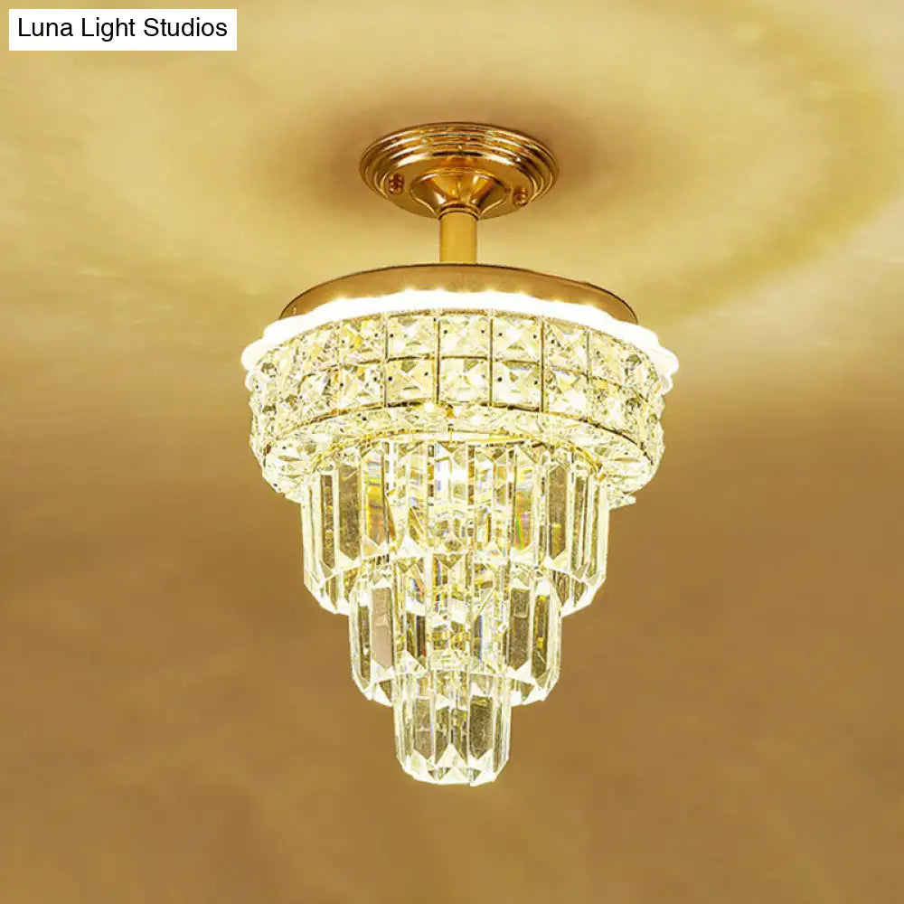 Clear Crystal Tapered Foyer Chandelier Pendant Light In Brass - Minimalist Design
