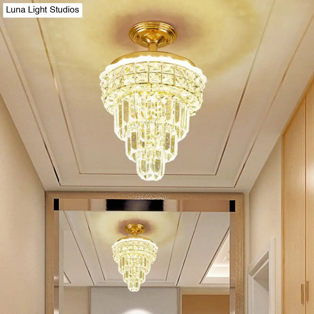Clear Crystal Tapered Foyer Chandelier Pendant Light In Brass - Minimalist Design