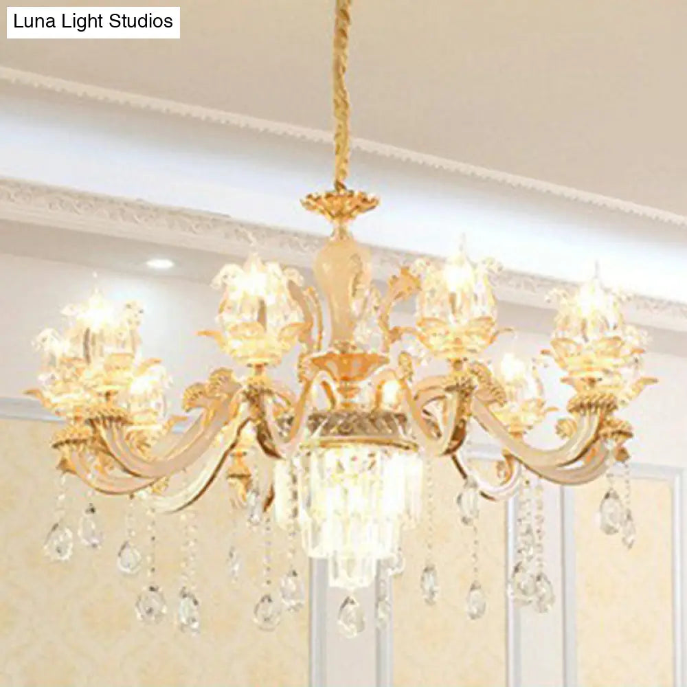 Opulent Crystal Beige Ceiling Flower Chandelier - Traditional Dining Room Light