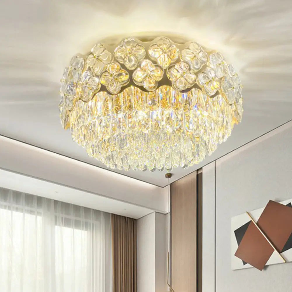 Opulent Crystal Drum Shaped 3 - Light Ceiling Light For Bedrooms - Minimalist Clear Flush Mount /