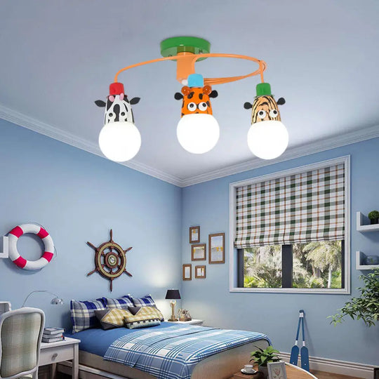 Orange Animal Socket Semi Flush Mount Ceiling Light For Kids’ Kindergarten Room 3 /