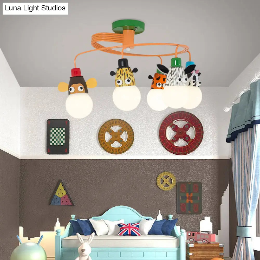 Orange Animal Socket Semi Flush Mount Ceiling Light For Kids Kindergarten Room