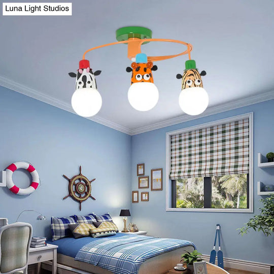 Orange Animal Socket Semi Flush Mount Ceiling Light For Kids Kindergarten Room 3 /