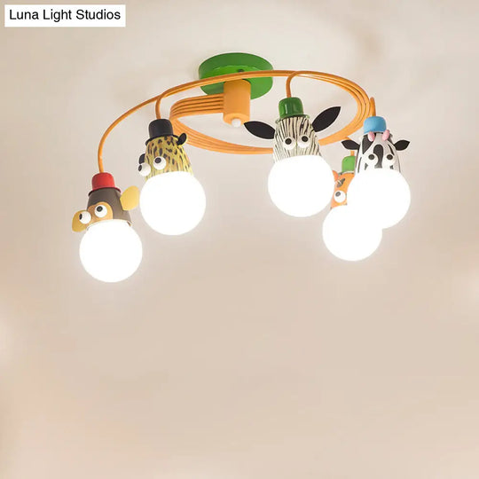 Orange Animal Socket Semi Flush Mount Ceiling Light For Kids Kindergarten Room