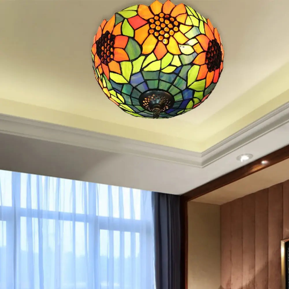 Orange Bowl Stained Glass Ceiling Light Fixture - Splendid Flushmount With Flower Pattern For