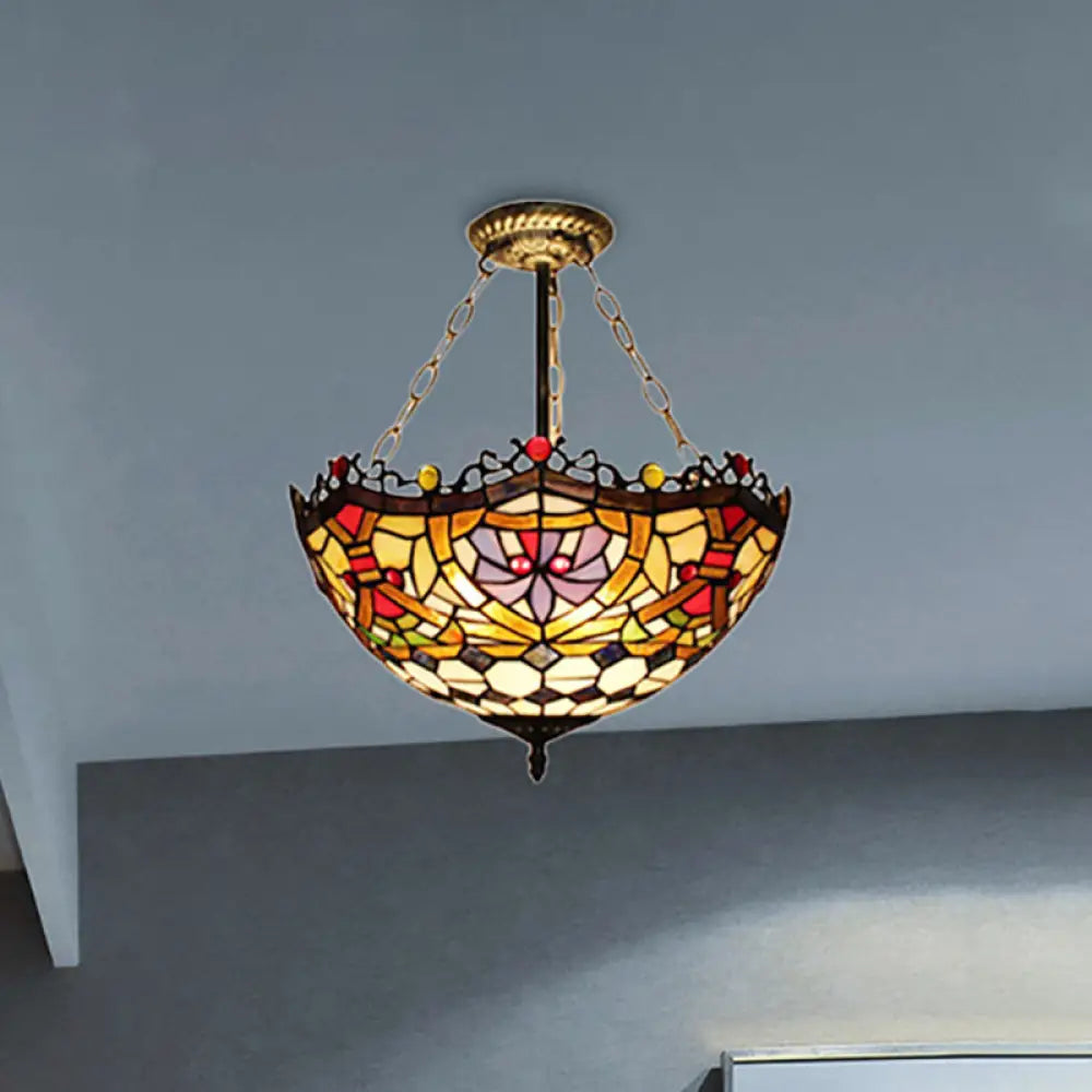 Orange-Purple Stained Glass Semi Flush Ceiling Light - Tiffany Victorian Design For Dining Room