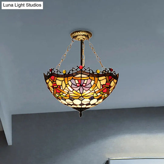 Orange-Purple Stained Glass Semi Flush Ceiling Light - Tiffany Victorian Design For Dining Room