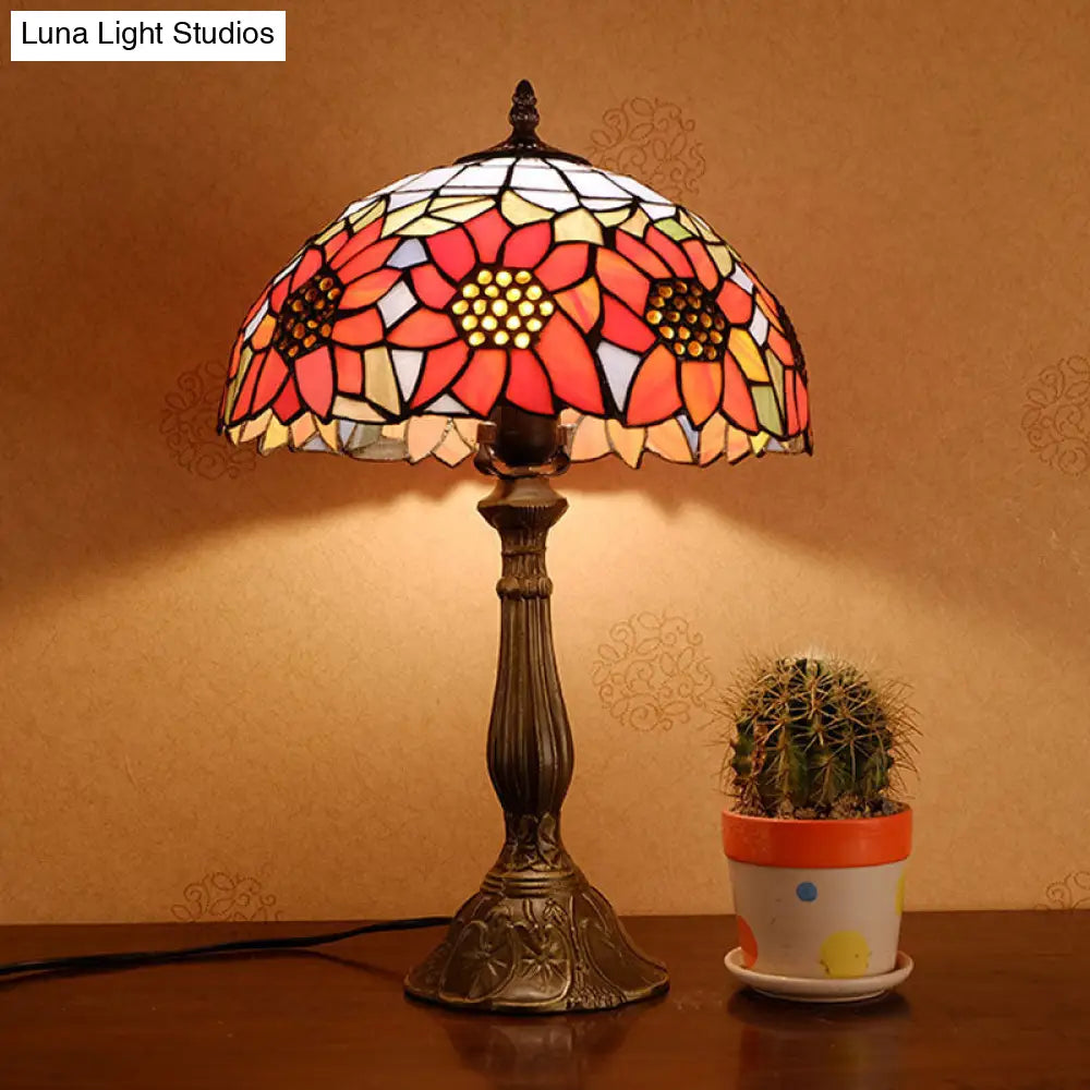 Orange Stained Glass Nightstand Lamp - Bowl Shade Sunflower Pattern Classic Table Lighting