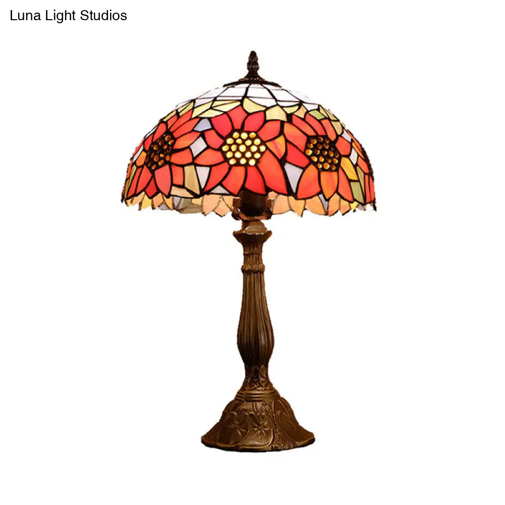 Orange Stained Glass Nightstand Lamp - Bowl Shade Sunflower Pattern Classic Table Lighting