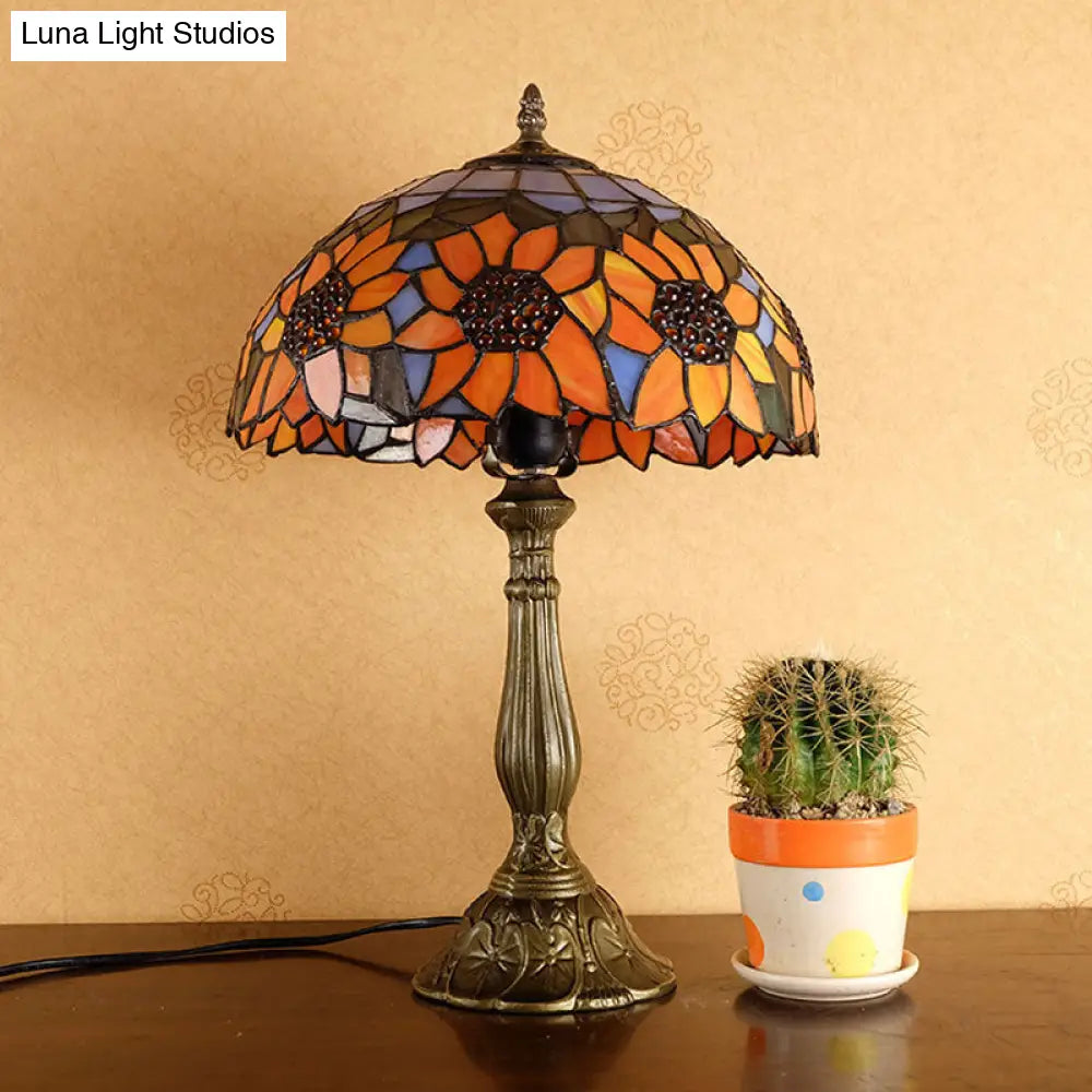 Orange Stained Glass Nightstand Lamp - Bowl Shade Sunflower Pattern Classic Table Lighting