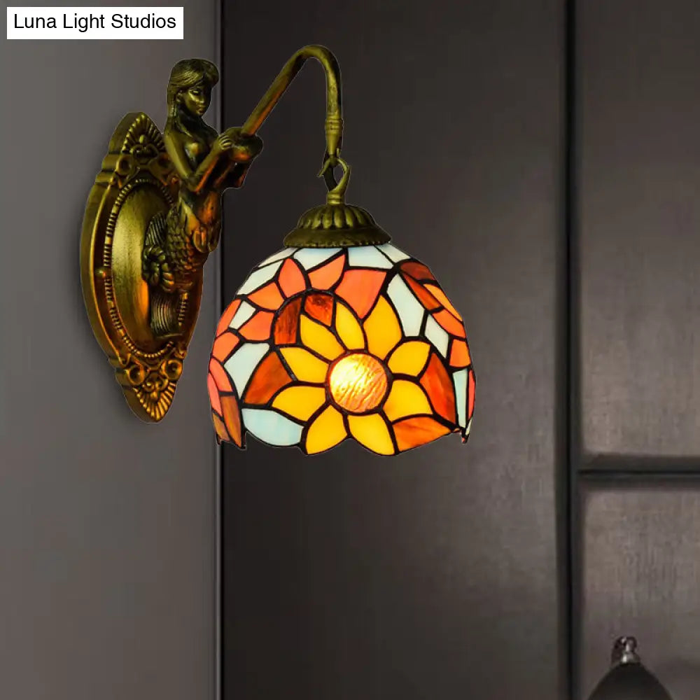 Orange Tiffany Glass Wall Sconce With Sunflower Pattern