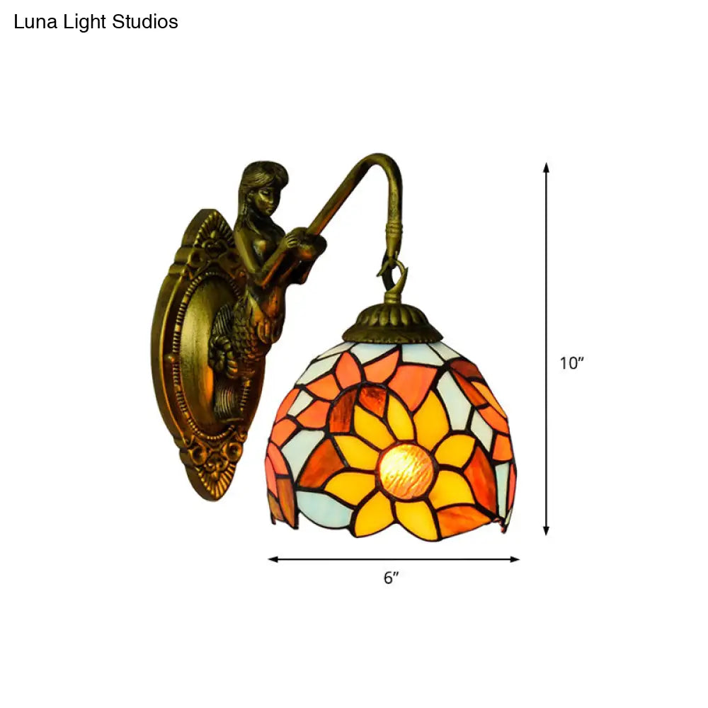 Orange Tiffany Glass Wall Sconce With Sunflower Pattern