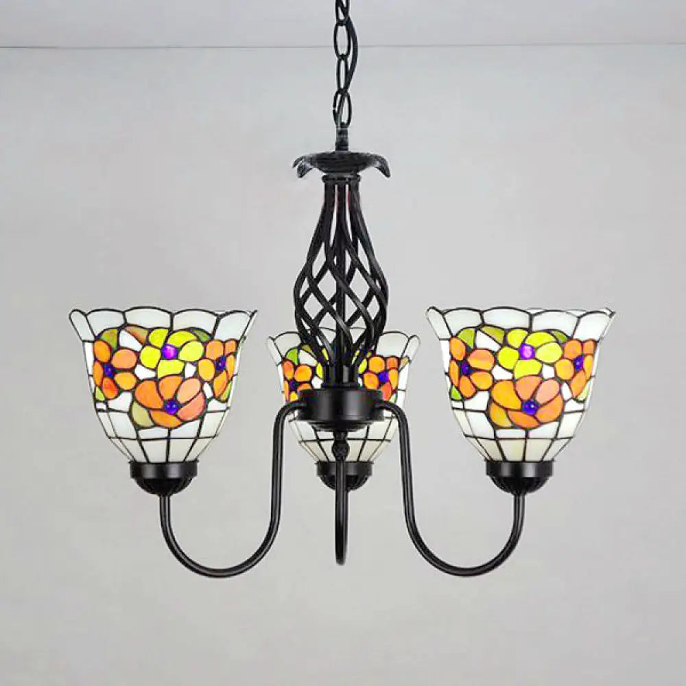 Orange Tiffany Stained Glass Pendant Chandelier With Adjustable Chain And 3 Gooseneck Lights