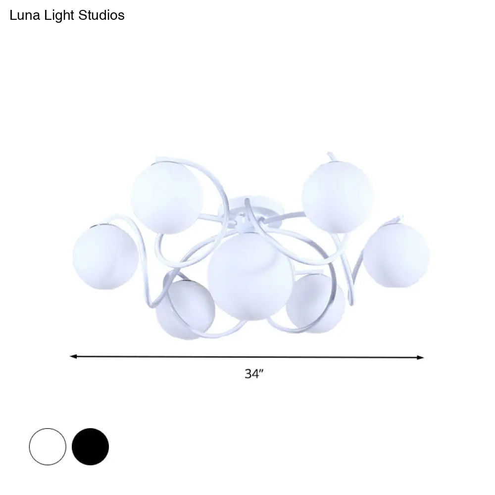 Orb Opal Glass Semi Flush Light - Traditional Black/White 4/7 Lights Living Room Ceiling Lighting