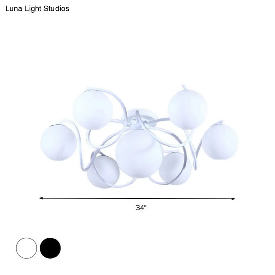 Orb Opal Glass Semi Flush Light - Traditional Black/White 4/7 Lights Living Room Ceiling Lighting